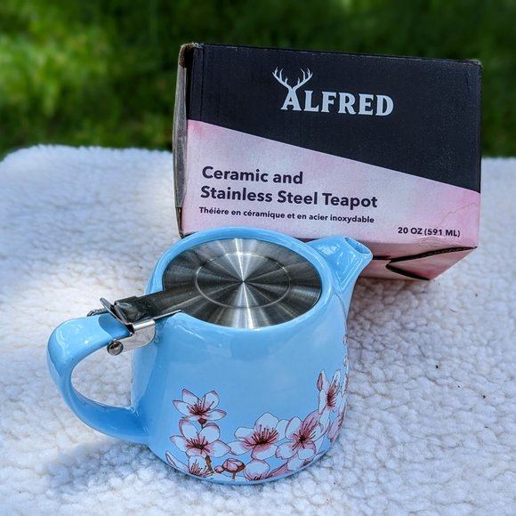 NWOT  ALFRED Ceramic & Stainless Steel Teapot 20 oz Infuser Blue Cherry Blossoms - Picture 1 of 10
